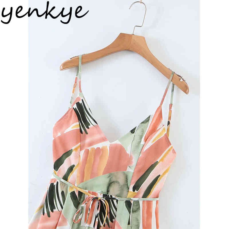 Sexy Backless Multicolor Print Jumpsuit Women V Neck Sleeveless Sashes Holiday Boho Romper Summer Long Loose monos mujer 210430