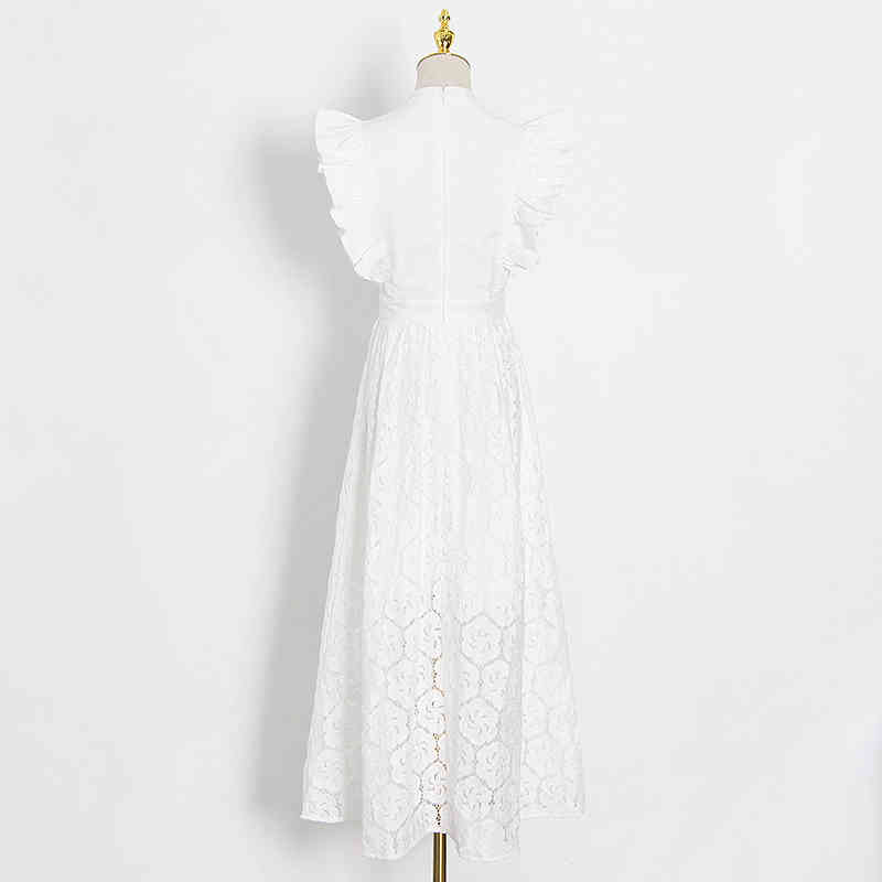 VGH Party Dress For Women Stand Collar Butterfly Short Sleeve High Waist Hollow Out Elegant Solid Dresses Female Autumn New 210421