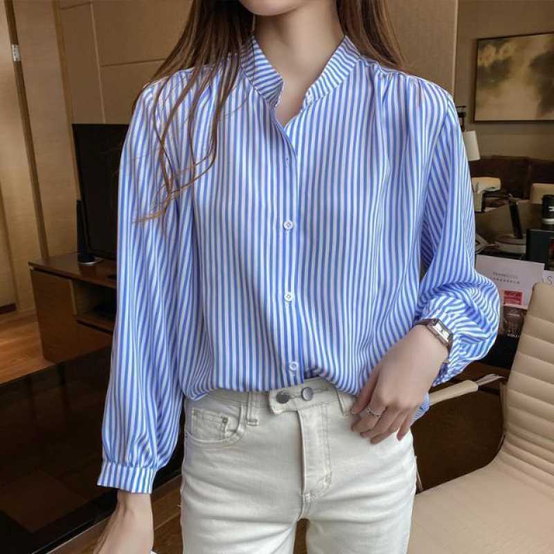 Korean Women Blouse Shirts Lantern Sleeve Woman Chiffon Striped Shirt Plus Size XXL 210604, Blue
Korean Women Blouse Shirts Lantern Sleeve Woman Chiffon Striped Shirt Plus Size XXL 210604, Blue