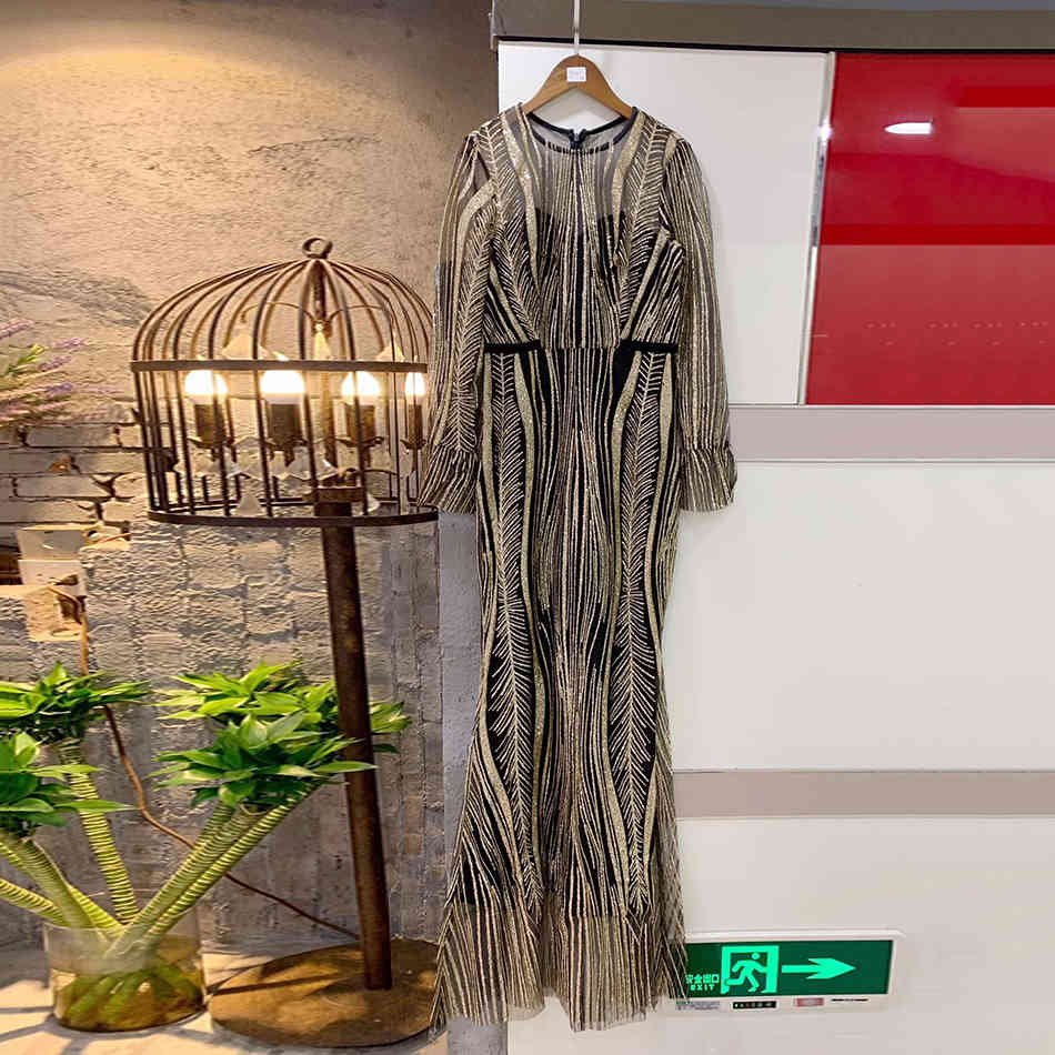 Free High Quality Women Elegant Shiny Long Dresses O-neck Sleeve Bodycon Dress Club Runway Party Vestidos 210524