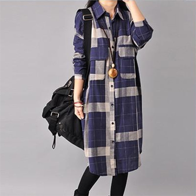 Arrival Spring Women Long Sleeve Loose Casual Shirt Plus Size Tunic Tops cotton linen Plaid Blouses Female Shirts D145 210512
