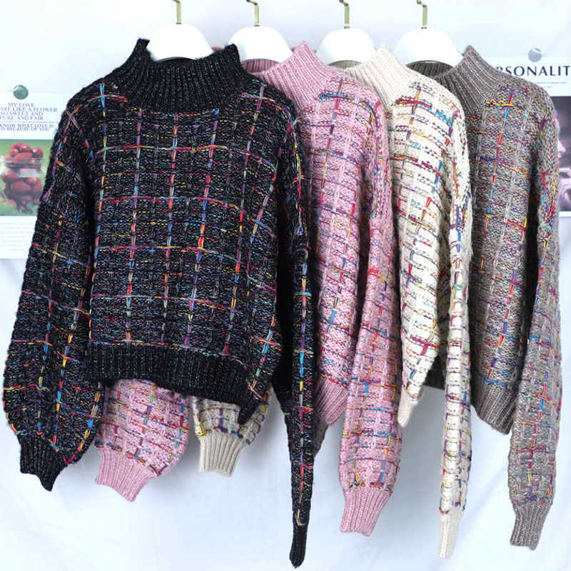 Autumn Winter Plaid Sweater Women Korean Lazy Wind Short Loose Casual Checkered Lantern Sleeve Pullovers Girls 210601