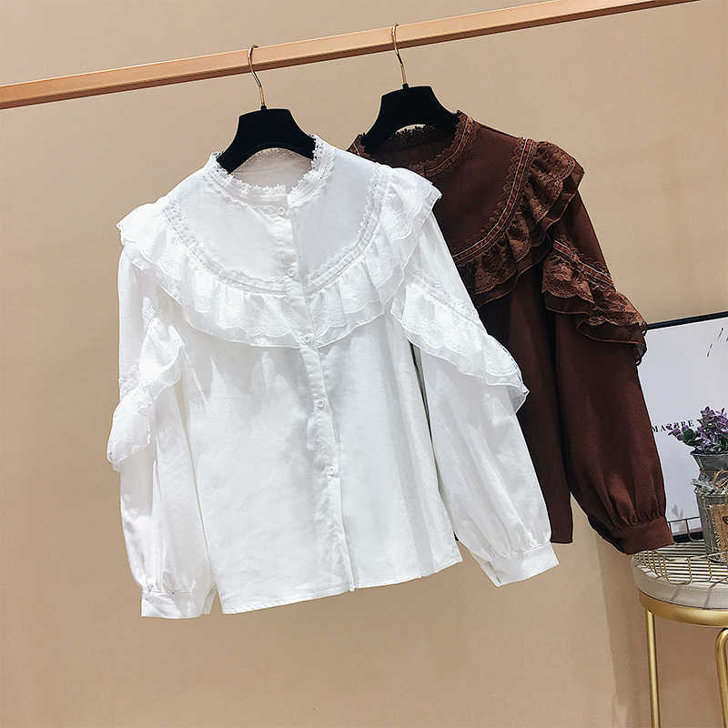 Solid Lace Ruffles Patchwork Stand Flare Sleeve Shirt Top Spring Blouse Women 210615