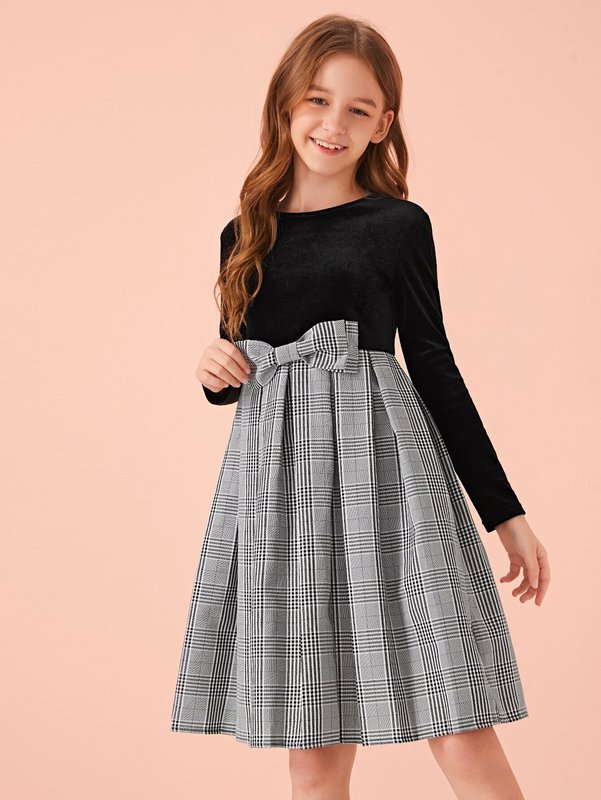 Girls Velvet Bodice Bow Detail Plaid Combo Dress SHE