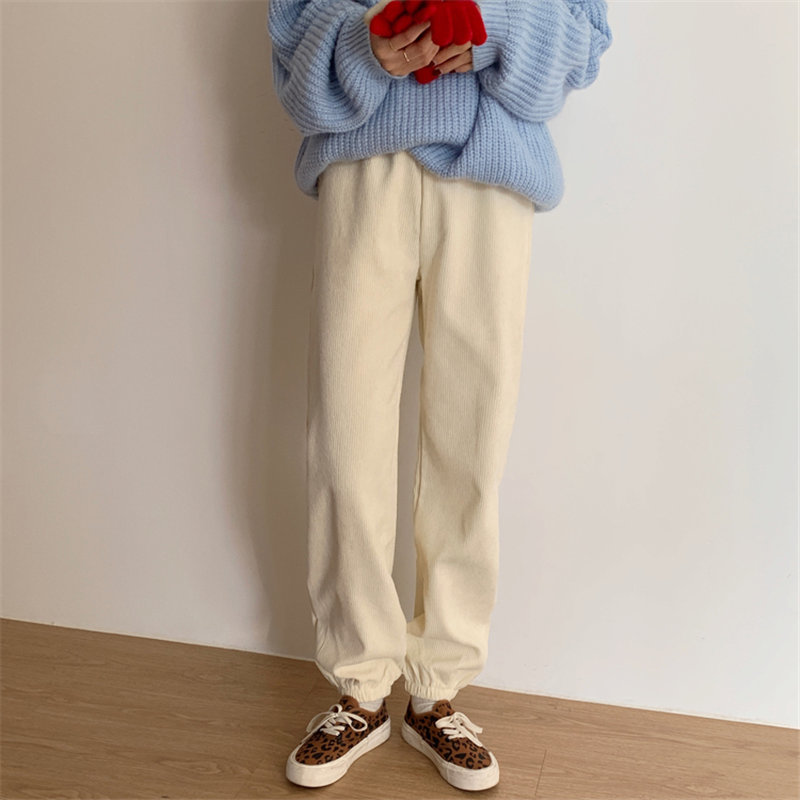 Office Lady Corduroy Slim Retro Fashion High Waist Pants Solid Loose Casual Trousers Warm Chic Women Femme 210421