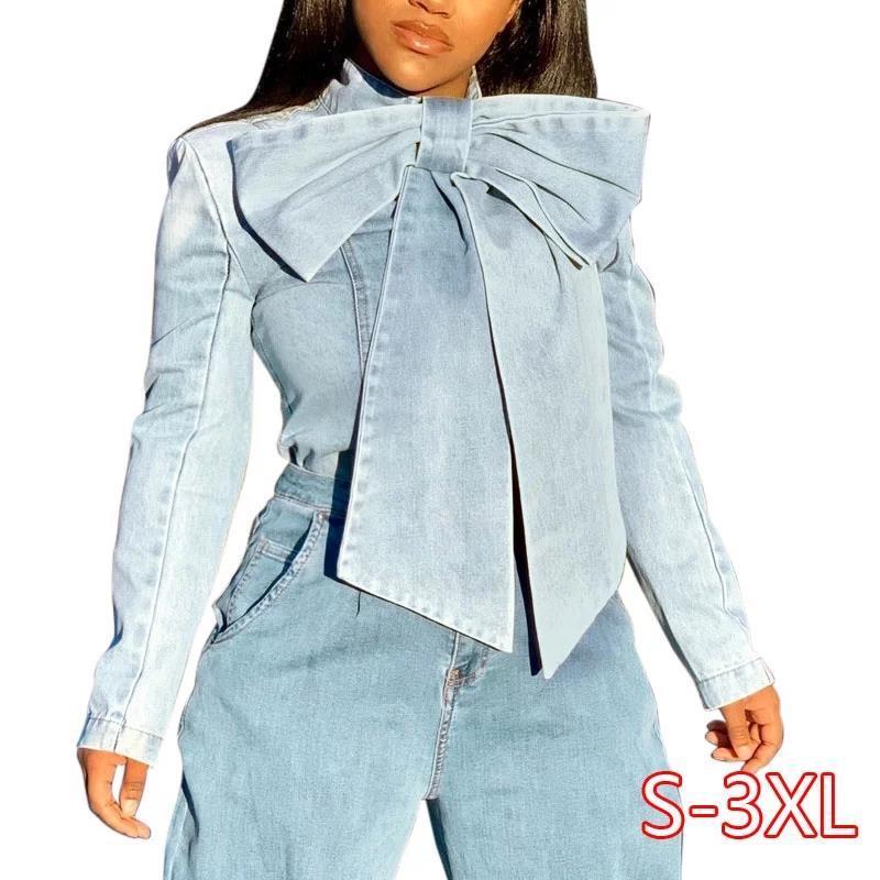 Women Shirts Vintage Jeans Blouses Tops Plus Size Blue Fashion Bow Tie Single Breasted Denim Blouse Female Casual Buttons Long, White
Women Shirts Vintage Jeans Blouses Tops Plus Size Blue Fashion Bow Tie Single Breasted Denim Blouse Female Casual Buttons Long, White