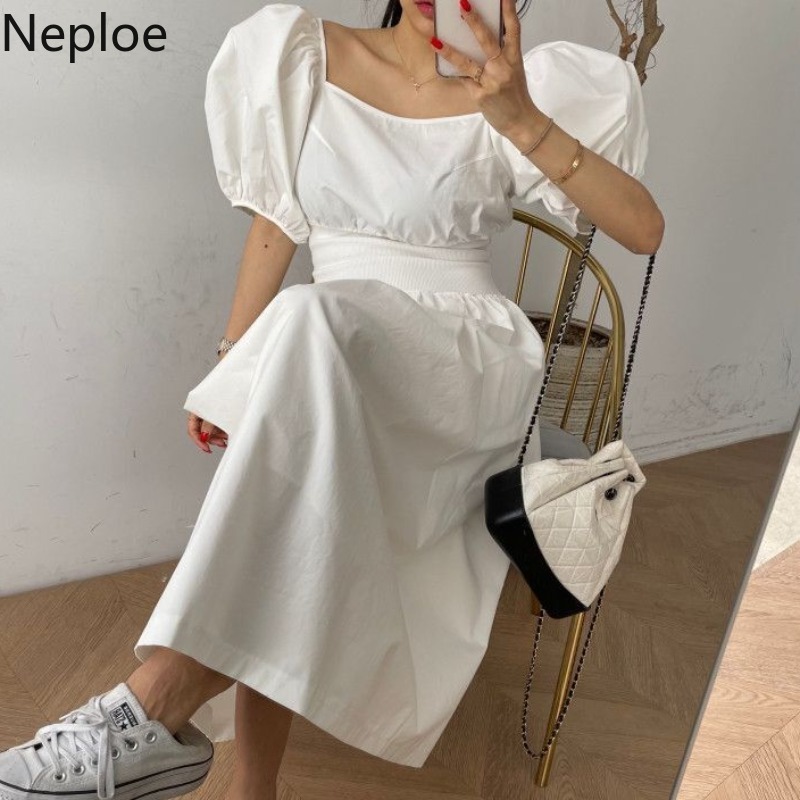 Neploe Maxi Dress Women Square Collar Puff Short Sleeve Dresses Korean Chic Summer Slim Waist Temperament Pink Vestidos Mujer 210422
