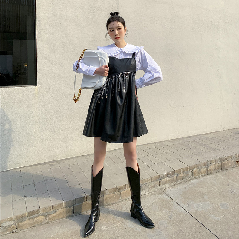 Women Black Chain Belt Leather Dress Square Collar Sleeveless Loose Fit Fashion Spring Autumn 2E1646 210526