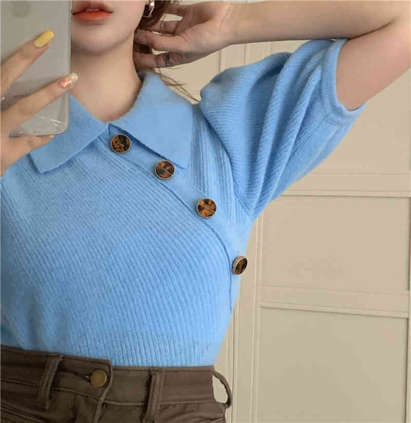 Spring Autumn korean style Button knit Puff short sleeve t-shirts womens tee shirt femme women Cropped tops (R99423) 210423