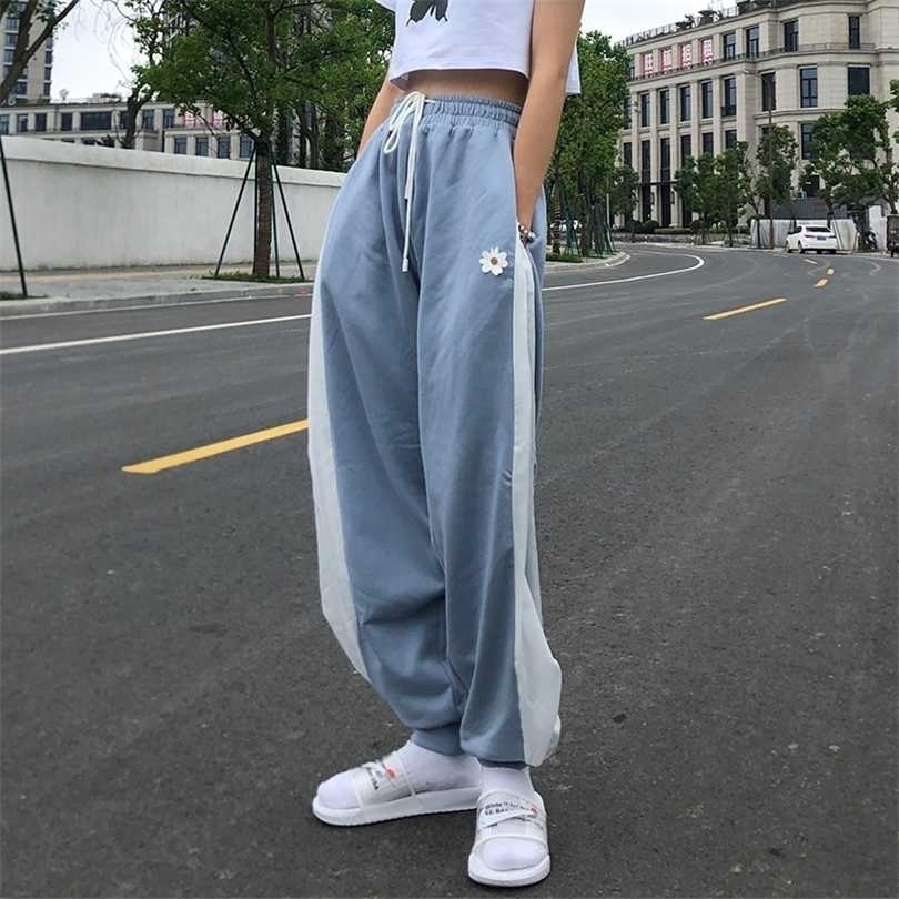 White Blue Contrast Loose Jogging Pant High Waist Drawstring Trousers Casual Female Korean Streetwear 211124Z