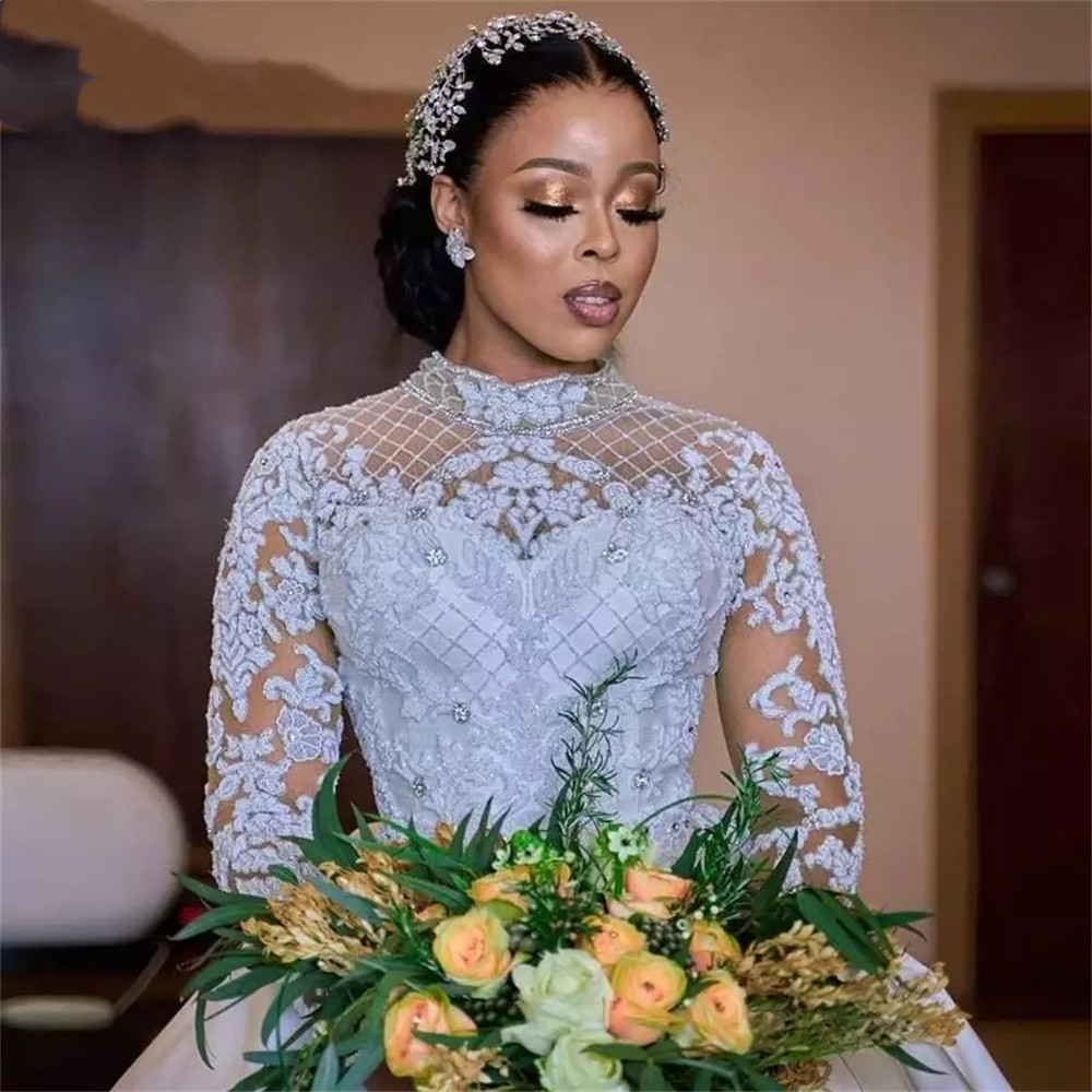 Satin puffy skirt Wedding Dresses Ball Gown Long Sleeve High Neck Lace Pearls Crystal Beading aso ebi african Bride Gown