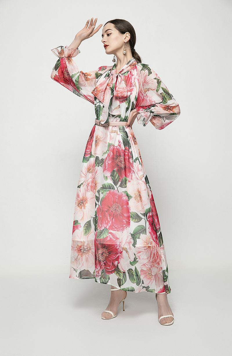 Women's Runway Dress Lace Up Bow Collar Floral Printed Fashion Casual Autumn Dresses Vestidos