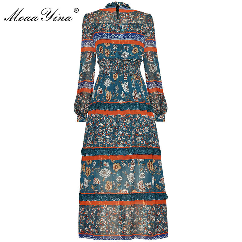 Fashion ner dress Spring Women's Dress Long sleeve Lace Mesh Lurex Elastic waist Vintage Floral Print Dresses 210524