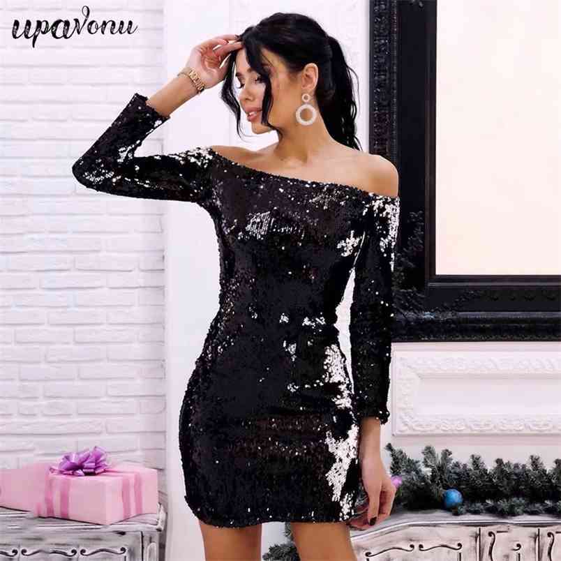 Autumn Sequins Mini Dress Strapless Ladies Halter Long Sleeve Sexy Nightclub Clothing Fashion Bodycon Back Zip 210524