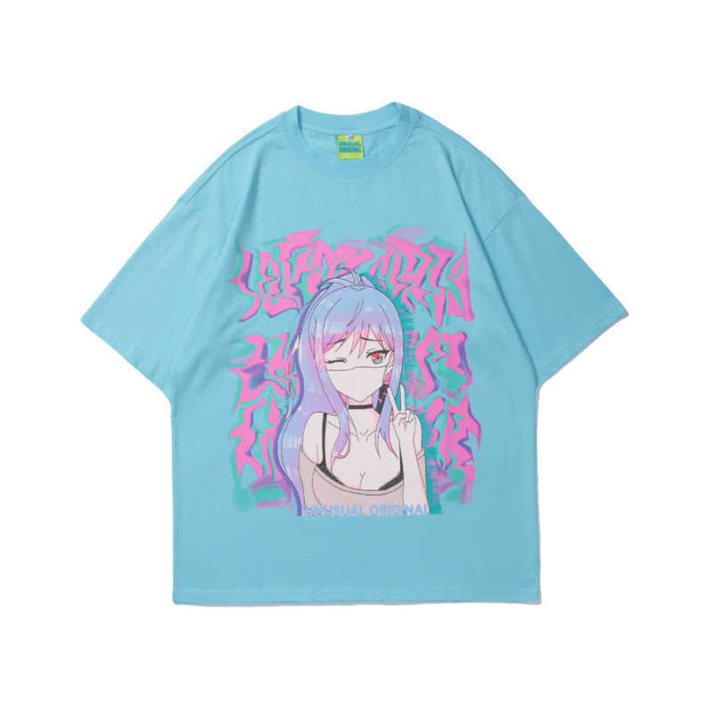 Hip Hop Streetwear Harajuku T Shirt Japanese Anime Girl Illusion Print Tshirt Men Summer Short Sleeve Cotton Loose Top Tees 210527
