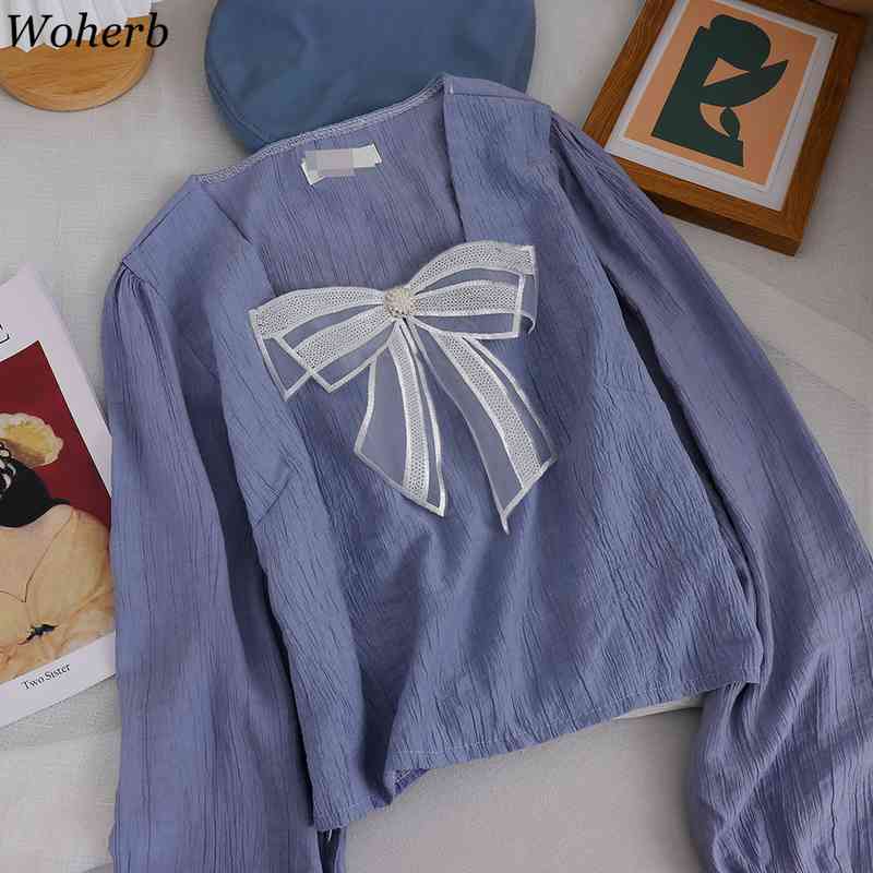 Sweet Square Collar Crop Short Tops Women Bow Beading Fashion Long Sleeve Blouse Summer Casual All Match Blusas 210519