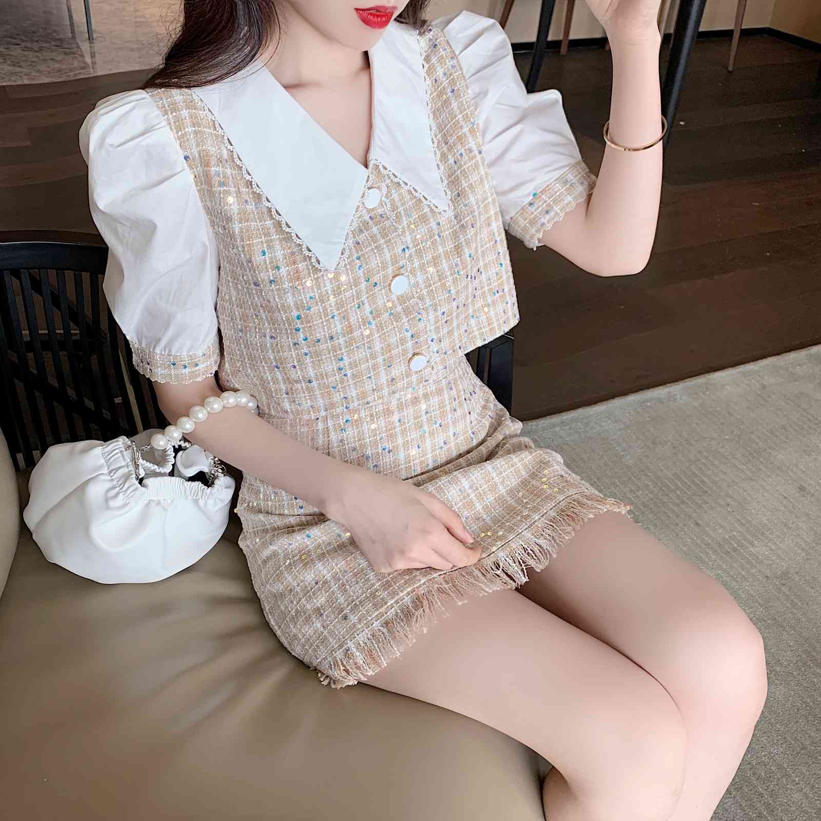 Summer 2 piece Set Elegant Sequined Tweed Puff Short Sleeve Chic Tops + Tassel A-Line Mini Skirts Suit Female 210519