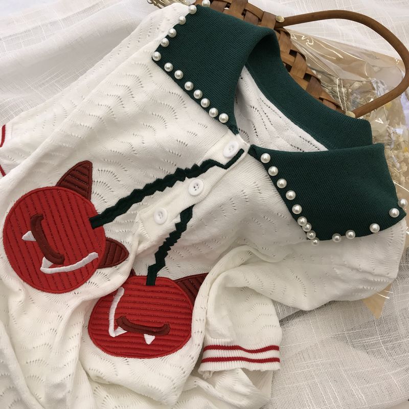 Summer Korean Women's Lapel Beaded Cherry Knit Sweater Fashion Pullover Embroidery Short Sleeve 210506