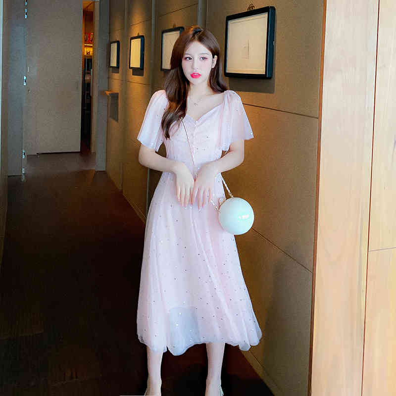 French Elegant Sequins Dress Vintage Mesh Women Fairy Summer Dress Sweet Kawaii Clothing Female Long Dress Spring 210515