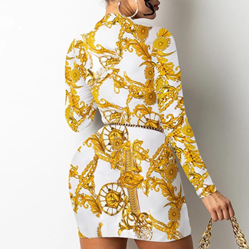 High Quality Vintage Chain Print Bodycon Mini Dress For Women: Sexy Long Sleeve Club Wear B5