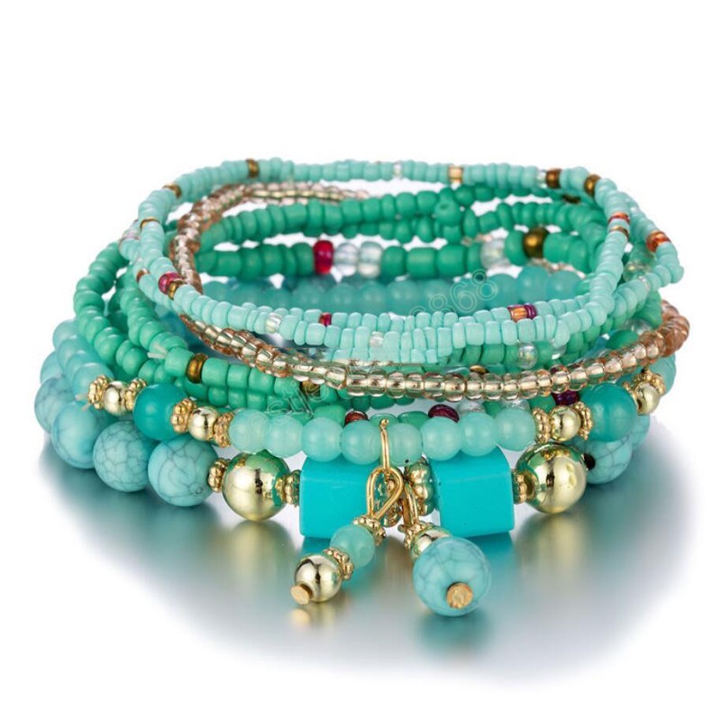 Bohemian Multilayer Big Beads Crystal Turquoise acrylic Bracelets for Women Fashion Charm Bracelet Boho Jewelry Gift 6 Colors