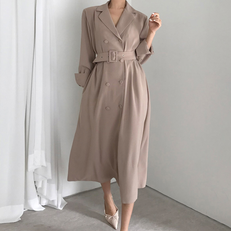 Minimalist Long Trench Coat Women Elegant OL Outwear Vintage Overcoat Suit Collar Double Breasted Windbreaker 210421