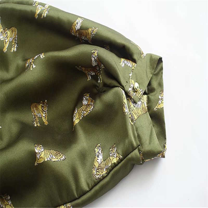 ZA Animal Print Shirt Dress Women Long Sleeve Pleated Vintage Midi Party Dresses Female Chic Front Button Green Vestido 210602