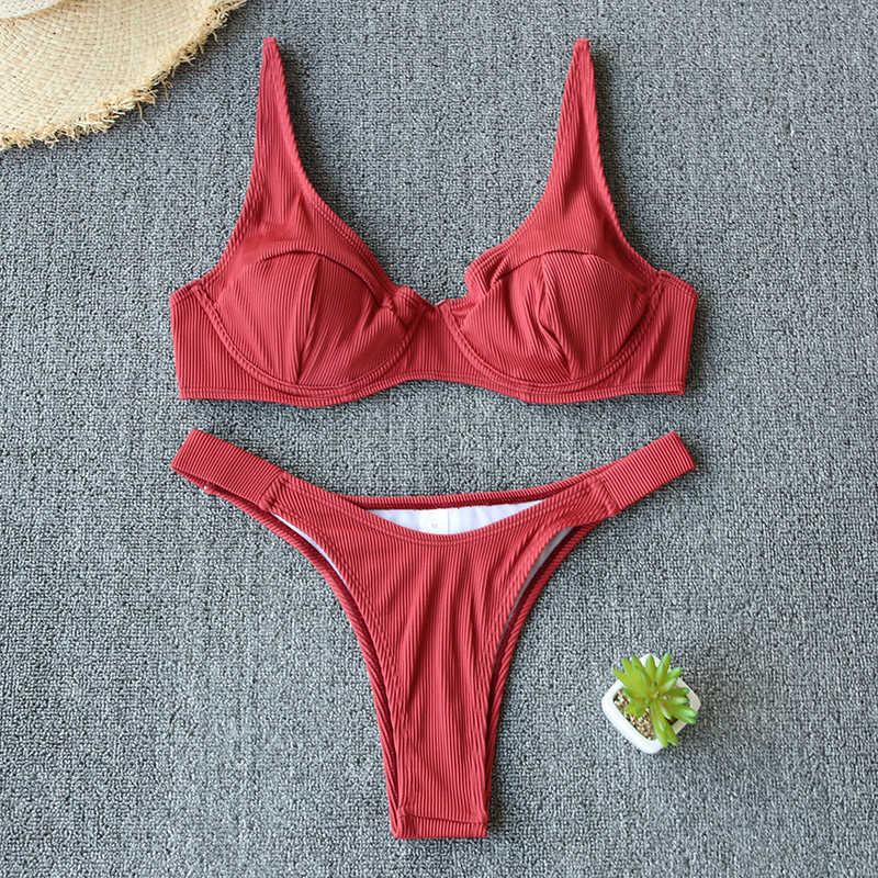 Sexy Swimsuit Women Bikini Push-up Padded Bra Bandage Set Triangle Swimwear Bathing Suit Ribbed Biquini Female 210625