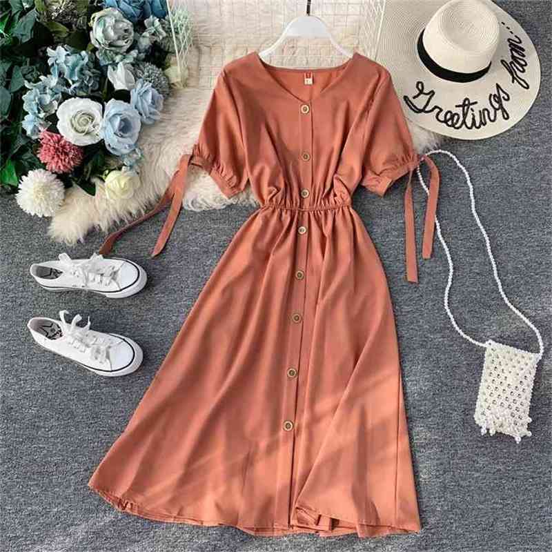 Summer Casual Dress Vestidos Mujer Korean Women Slim V Neck Single Breasted Elegant Dresses Ladies Vintage Lonr Robe 210525
Summer Casual Dress Vestidos Mujer Korean Women Slim V Neck Single Breasted Elegant Dresses Ladies Vintage Lonr Robe 210525