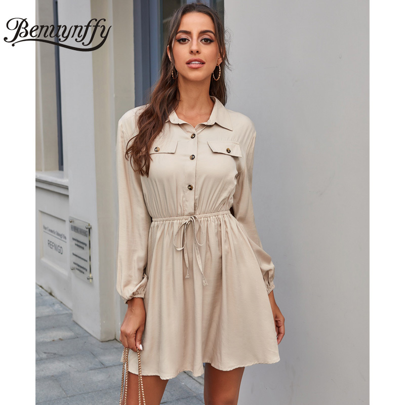 Vintage Lapel Button Women Shirt Dress Autumn Casual Office Long Sleeve Ladies A-line Drawstring Waist Mini Dresses 210510