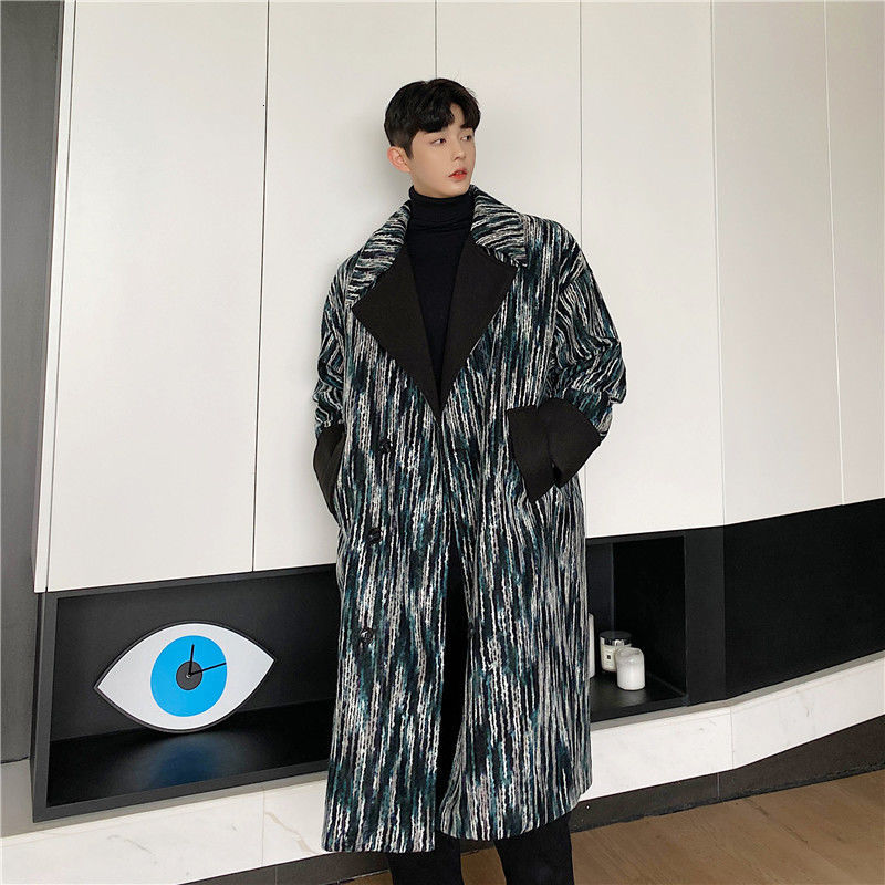 IEFB Korean fashion long coat for men tree pattern woolen overcoat men's color block lapel long sleeeve big size clothes 9Y4407 210524