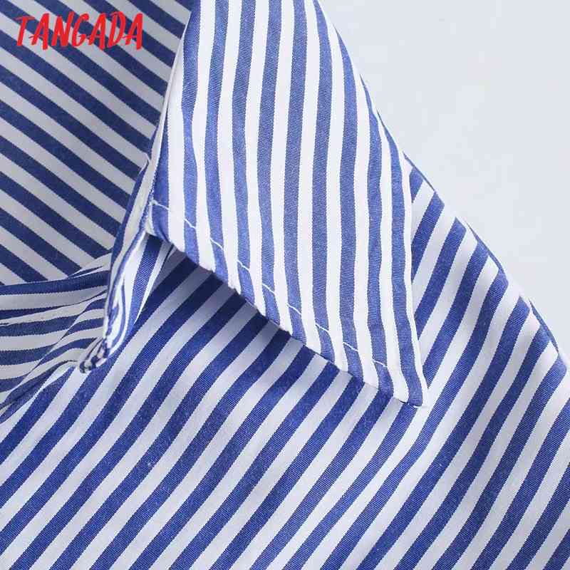 Women Retro Blue Striped Crop Turn Down Collar Chic Female Shirt Tops 4M07 210416