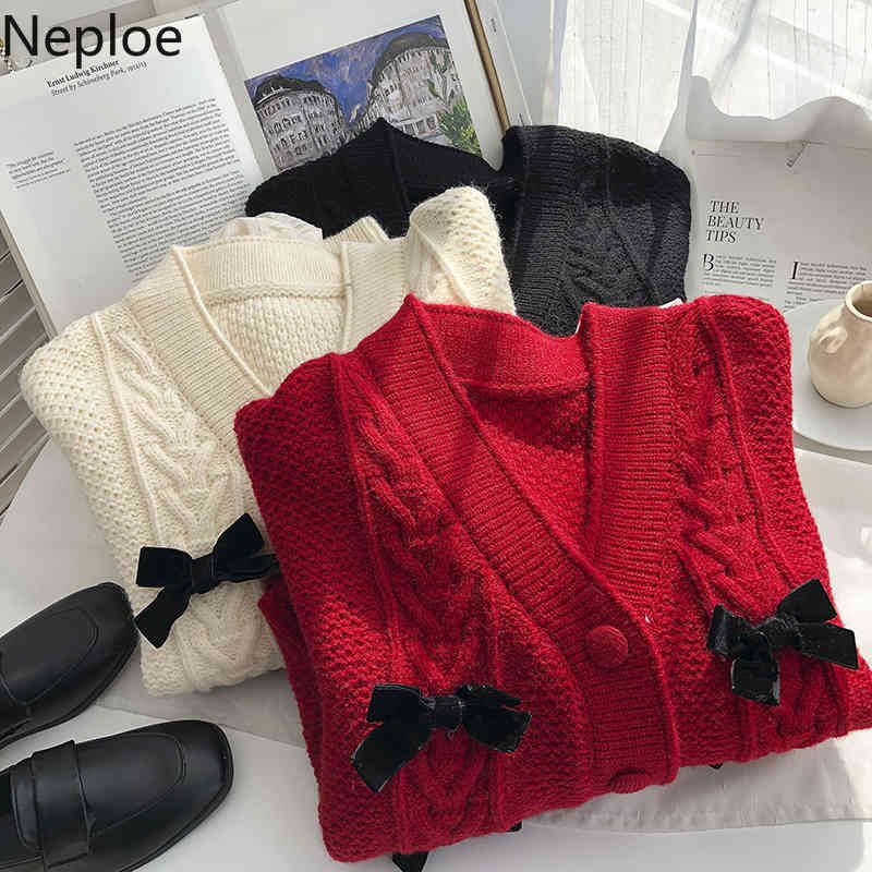 Neploe Spring Sweaters Women Sweet Bow Knitwear Cardigan Female V-neck Single Breasted Knit Short Red Coat Sueter Mujer 4H396 210422