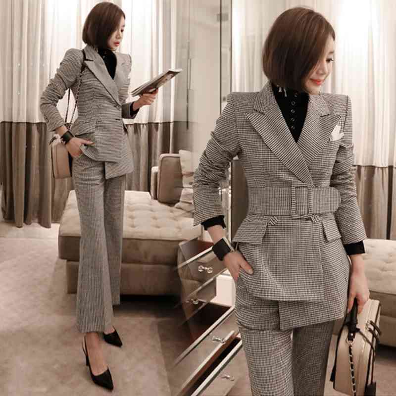 Runway Fashion Houndstooth 2 Piece set women business work wearing pant suits Office Lady 210520