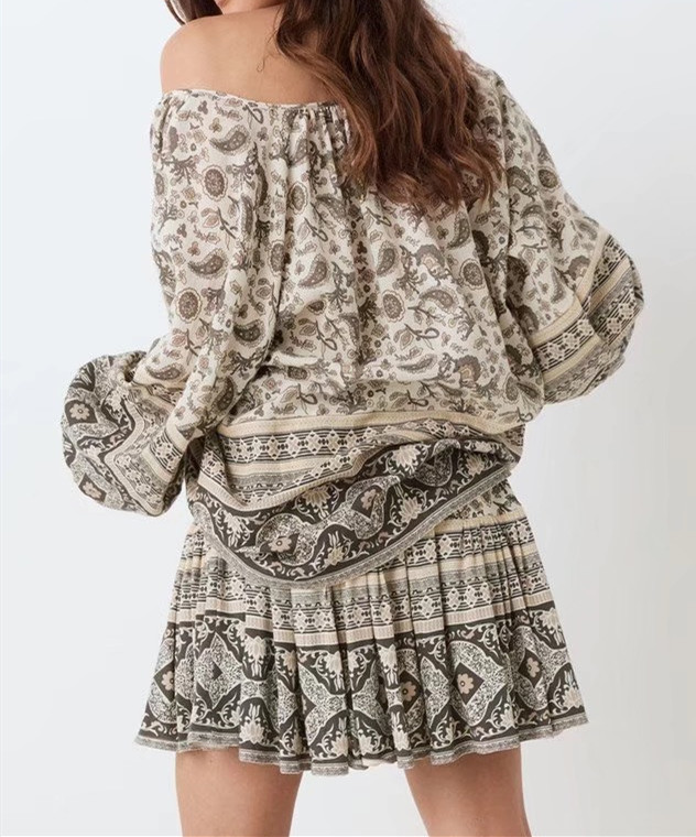 1 set BOHO Paisley Floral Print Long sleeve Shirt Ethnic Women Tassel Lacing up Mini Short Skirts Holiday Skirt sets Suits 210429