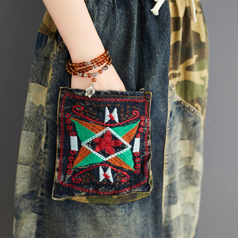 Spring Autumn Arts Style Women High Waist Loose Denim Skirt Patchwork Embroidery Vintage A-line Long S20 210512