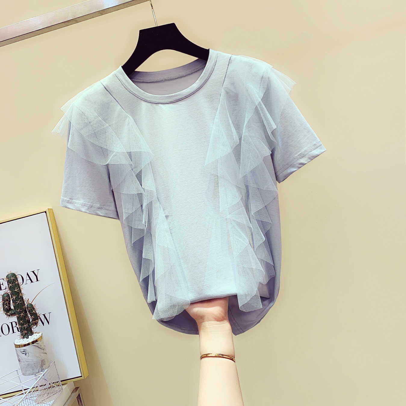 Mesh Stitching T Shirts Women Short-Sleeved Cotton Round Neck Ladies Summer Korean-Style ops 210615, Blue
Mesh Stitching T Shirts Women Short-Sleeved Cotton Round Neck Ladies Summer Korean-Style ops 210615, Blue