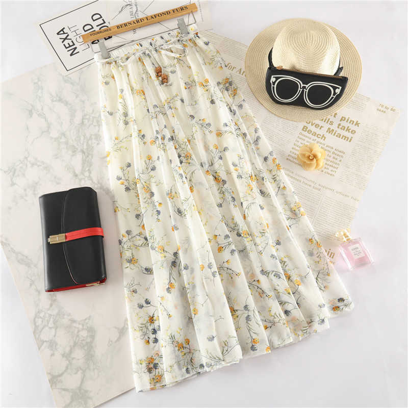 TIGENA Floral Print Long Maxi Skirt Women Fashion Summer High Waist Pleated Female Boho Holiday Chiffon Sun 210621