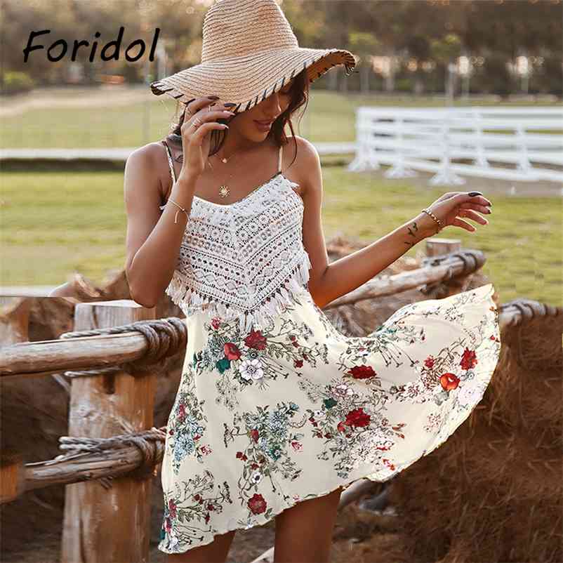 Casual Women Floral Print Summer Dress Backless Crochet White Beach Boho Dress Elegant Chic Mini Dress Vestidos De Mujer 210415