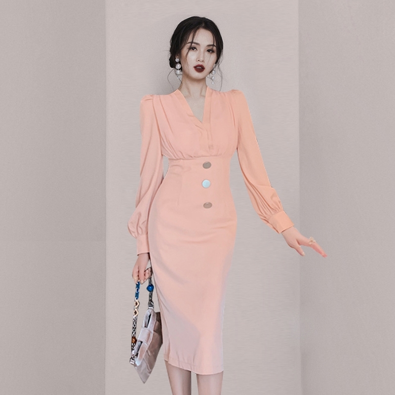 Fashion Spring Women Temperament Long Sleeve Pink Dress Robe Sexy V-Neck Korea Chic Party Dresses Vestidos 210520