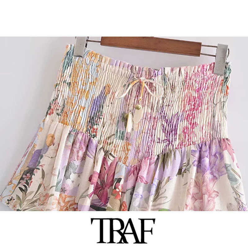 TRAF Women Chic Fashion Floral Print Smocked Shorts Vintage High Elastic Waist With Drawstring Female Short Pants Mujer 210611