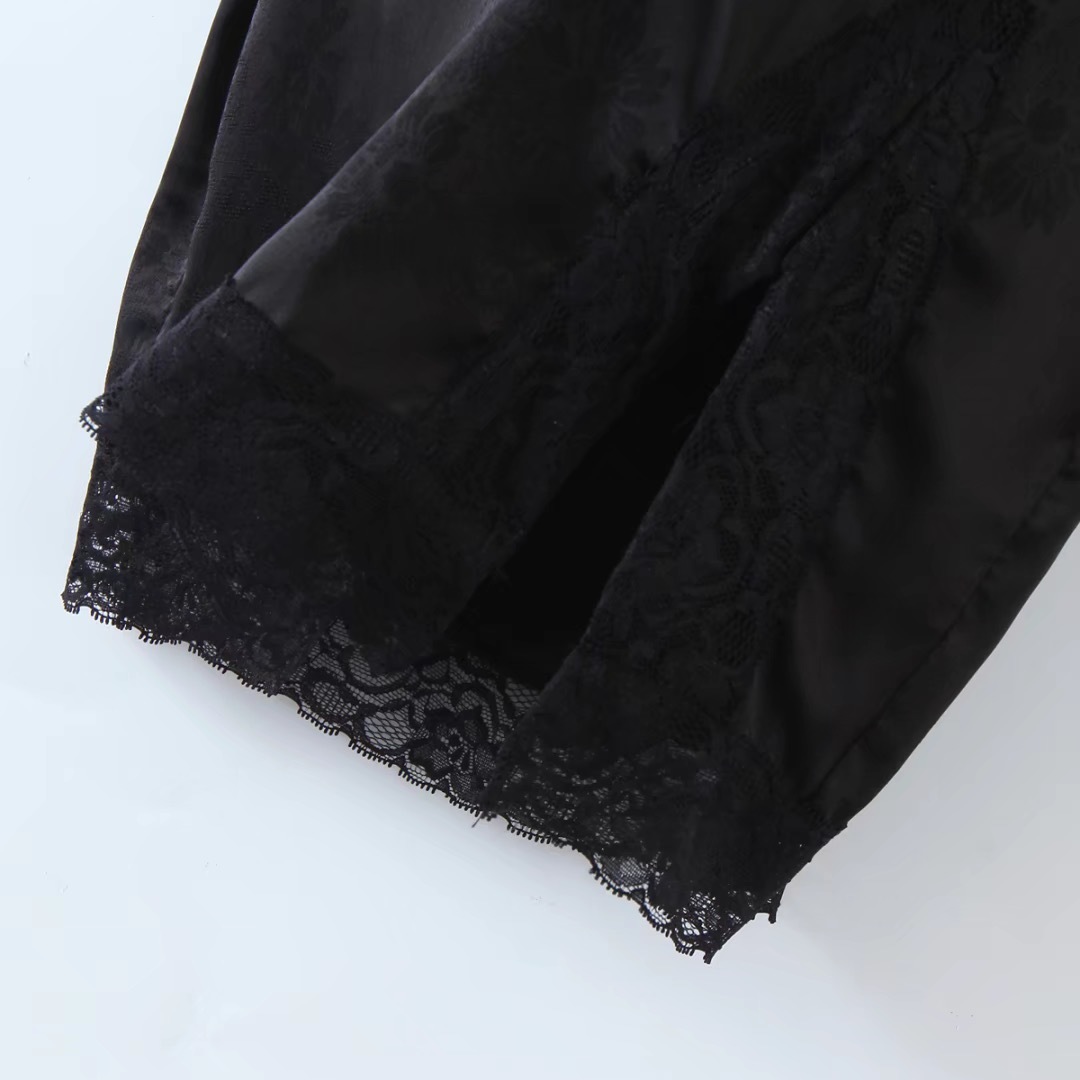 Sexy Spliced Lace Jacquard Bright Satin Sling Dress Woman Vintage Spaghetti Strap Bodycon Like Silk Short Base Black 210429