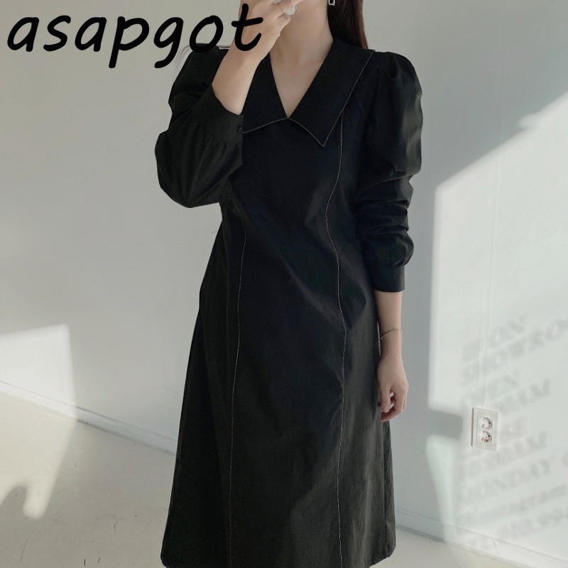 Dress Elegant Temperament Minimalist Spring Puff Full Sleeve Big Lapel Women Lace Up Waist Slim Vestido De Mujer 210429