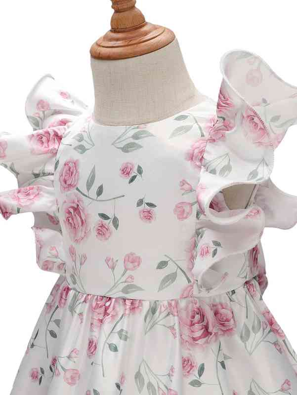 Baby Floral Print Butterfly Sleeve Ruffle Hem Satin Gown Dress SHE