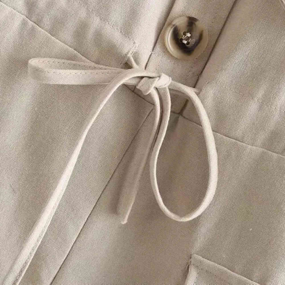 BBWM Safari Style Spaghetti Strap Jumpsuit Women Open Button Lacing up Bow Waist Short Pants Romper Cotton Linen Playsuits 210520