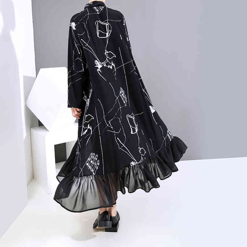 New Woman Plus Size Autumn Long Sleeve Black Vintage Shirt Dress Printed Chiffon Ruffles Lady Casual Dress Robe Loose Style 6505 210409