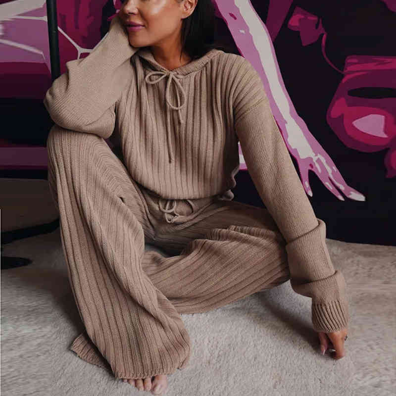 Winter Tracksuit Women 2 Peice Sets Suit For Women Knitted Long Sleeve Two Piece Set Hoodies Top + Pants Lounge Wear Women 210515