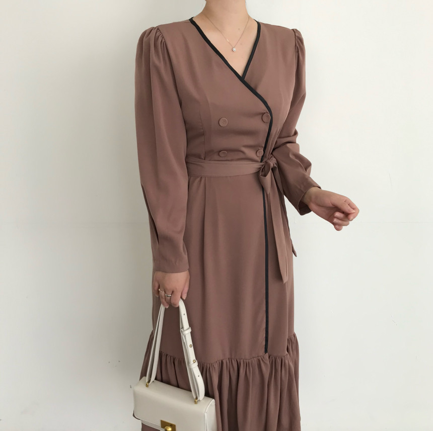 Formal Lace-up Elegant Dress Women Autumn Minimalist Fashion OL Double Breasted V-neck es Vestidos 210421