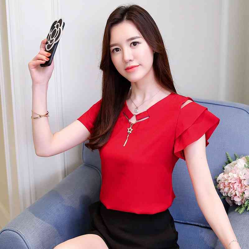 Fashion White Chiffon Blouse Women Shirt Short Sleeve V Collar Summer Tops Blouses Blusas Female Clothing 0081 30 210506