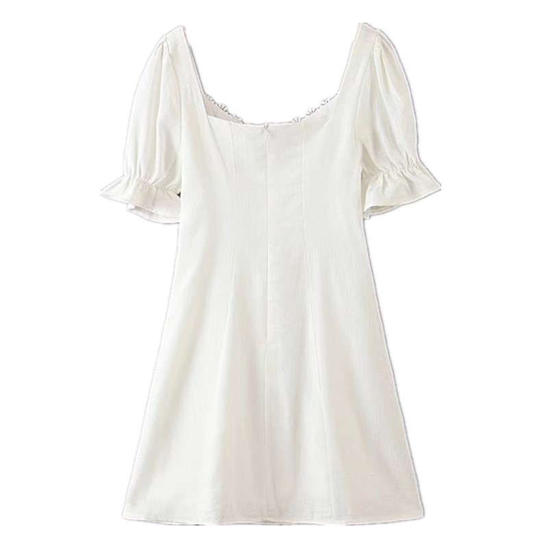 Retro Stitching Lace Square Collar Short Sleeve Dress for Woman White French Mini Dresses Holiday 210429